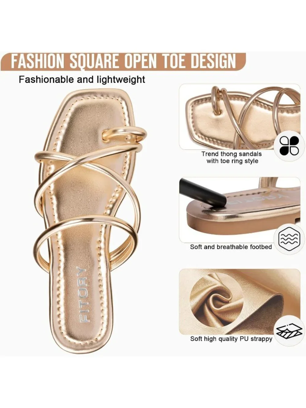 Women's Gold Summer Flat Toe Ring Thong Open Toe Cross Strap Fashion Shoes